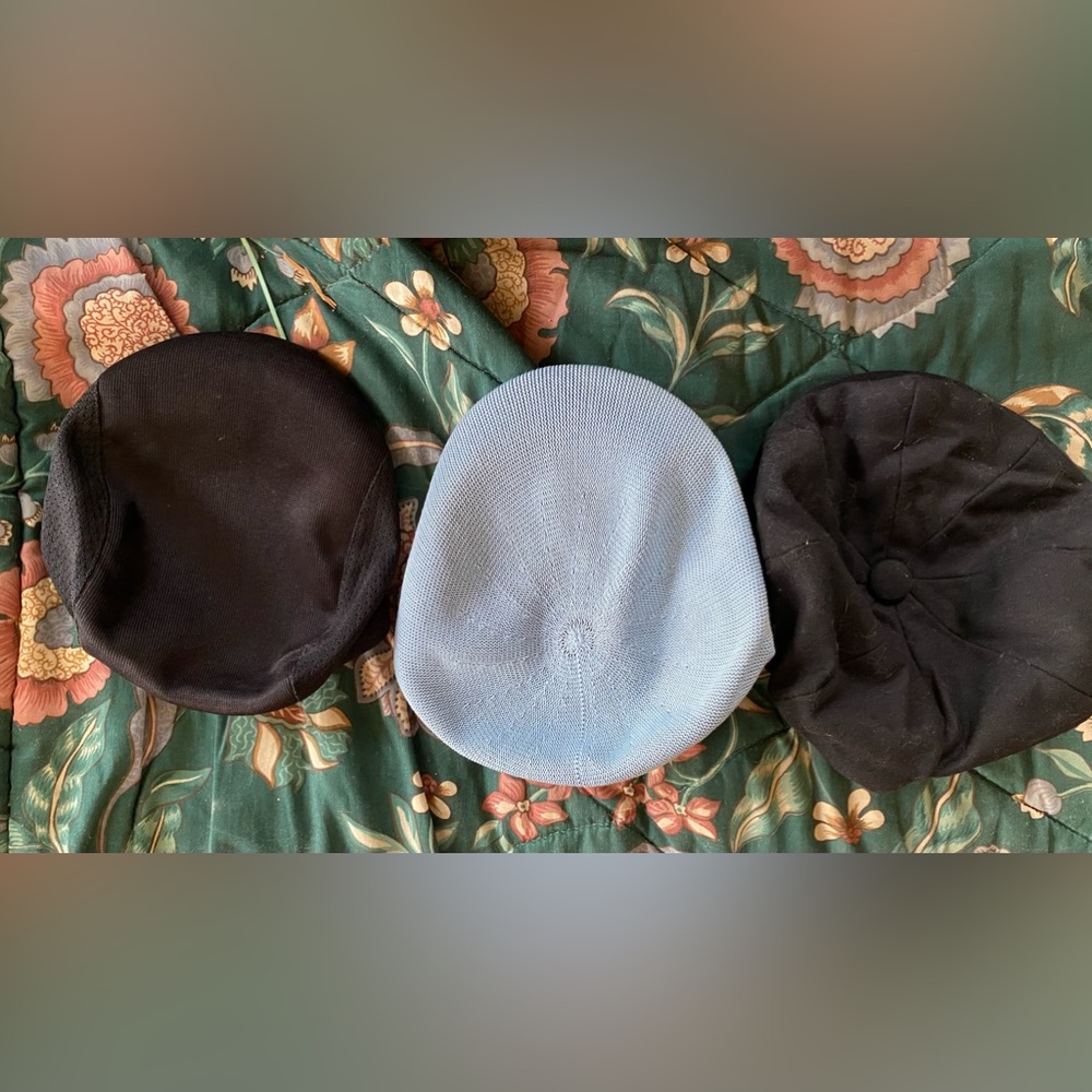 3 “Skully cap” style hats 2 black 1 blue. All are “one size”